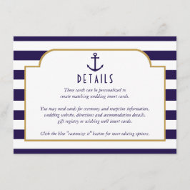 Nautische marine & witte streep anker bruiloft det informatiekaartje