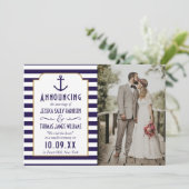 Nautische marine & witte streep anker bruiloft fot aankondiging (Staand voorkant)