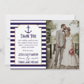 Nautische marine & witte streep anker bruiloft fot bedankkaart (Voorkant)