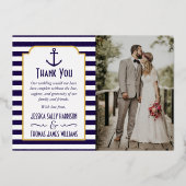 Nautische marine & witte streep anker bruiloft fot folie uitnodiging (Voorkant)