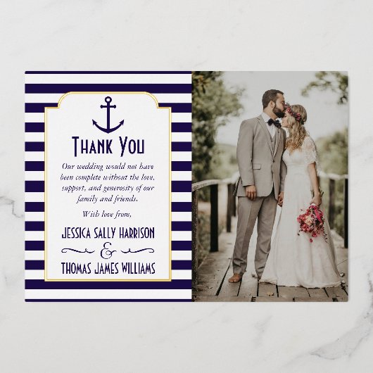 Nautische marine & witte streep anker bruiloft fot folie uitnodiging (Voorkant)
