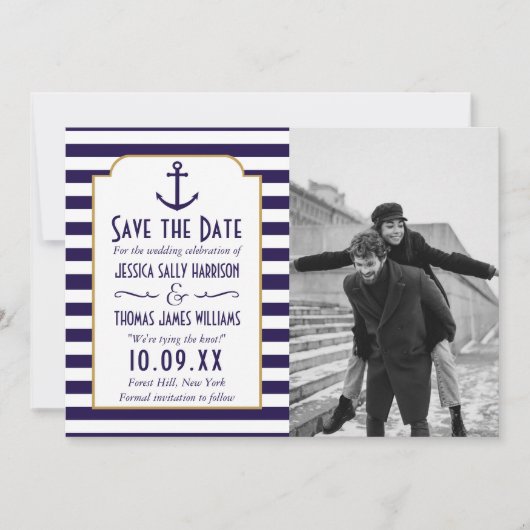 Nautische marine & witte streep anker bruiloft fot save the date (Voorkant)