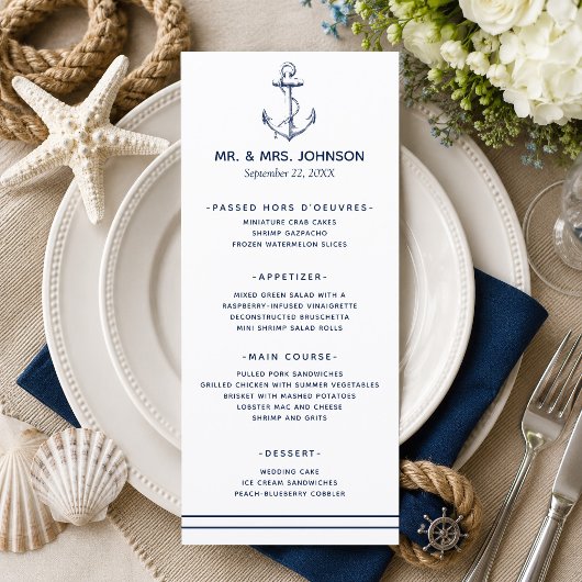 Nautische Marineanker Zeekant Trouwen Menu