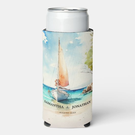 Nautische minimalistische waterverf boot cruise br seltzer blikjeskoeler (Seltzer Voorkant)