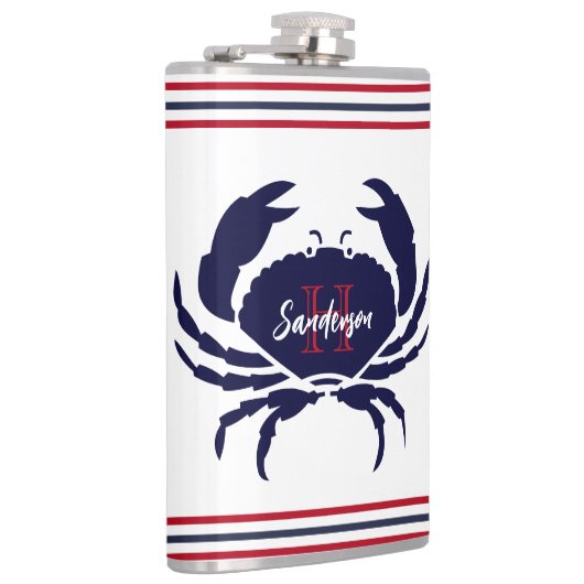 Nautische monogram rode marine blauwe witte krab heupfles (Rechts)