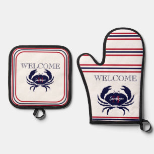 Nautische monogram rode marine blauwe witte krab ovenwant & pannenlap set