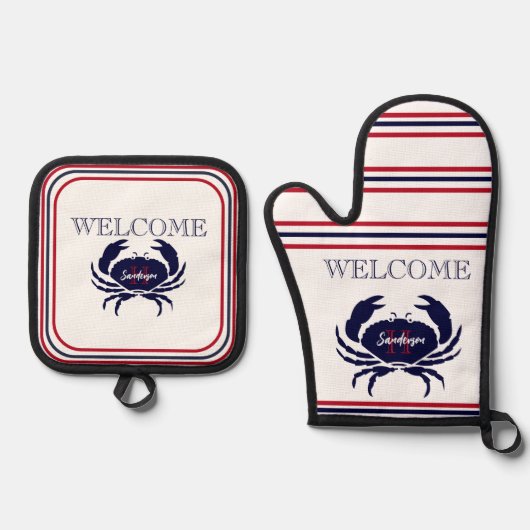 Nautische monogram rode marine blauwe witte krab ovenwant & pannenlap set (Voorkant)