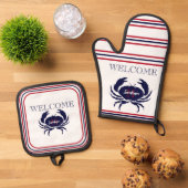 Nautische monogram rode marine blauwe witte krab ovenwant & pannenlap set (Top down)