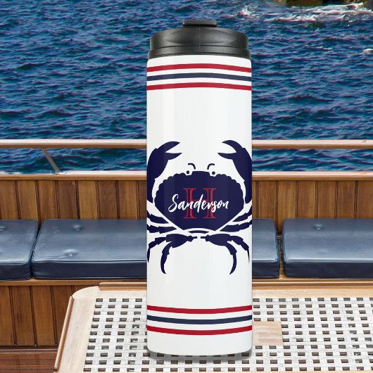 Nautische monogram rode marine blauwe witte krab thermosbeker