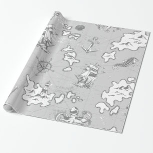 nautische monotone antiek piratenkaart cadeaupapier