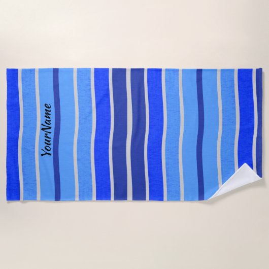 Nautische naamstrepen Blauw en Witte golven toevoe Strandlaken (Voorkant)