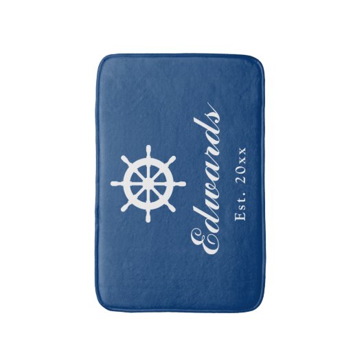 Nautische navy blue aangepaste naam badmat tapijt (Voorkant Verticaal)