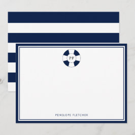 Nautische Navy en Witte Streep Monogram Notitiekaa Notitiekaartje
