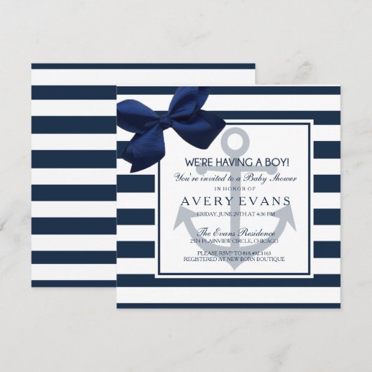 Nautische Navy Ribbon Anchor Het is een Boy Baby s Kaart (Voorkant / Achterkant)