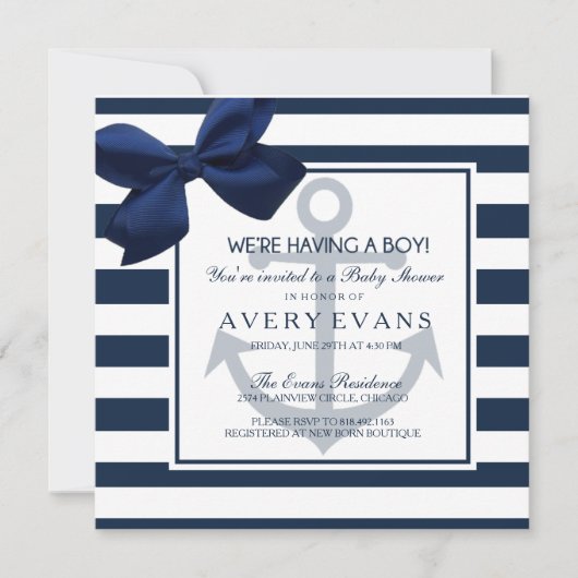 Nautische Navy Ribbon Anchor Het is een Boy Baby s Kaart (Voorkant)