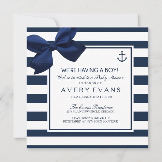 Nautische Navy Ribbon Anchor Het is een Boy Baby s Kaart (Voorkant)