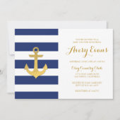 Nautische Navy Stripe Baby shower met Gold Anchor Kaart (Voorkant)