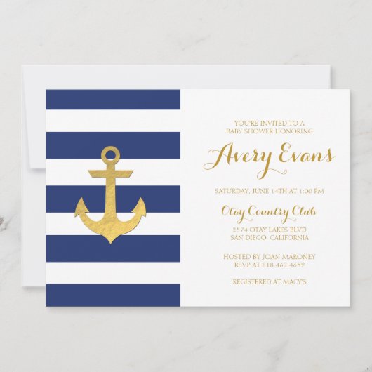 Nautische Navy Stripe Baby shower met Gold Anchor Kaart (Voorkant)