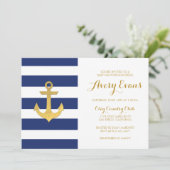 Nautische Navy Stripe Baby shower met Gold Anchor Kaart (Staand voorkant)