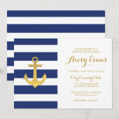 Nautische Navy Stripe Baby shower met Gold Anchor Kaart (Voorkant / Achterkant)