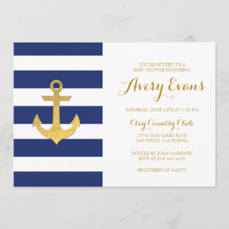 Nautische Navy Stripe Baby shower met Gold Anchor Kaart