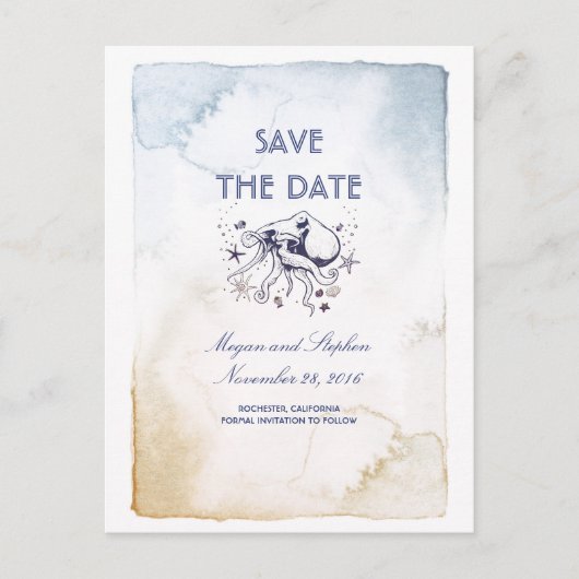 Nautische Navy Waterverven - Octopus Save the Date Aankondigingskaart (Voorkant)