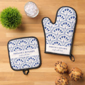 Nautische Navy Zee Shell met liefde gemaakt Ovenwant & Pannenlap Set (Top down)