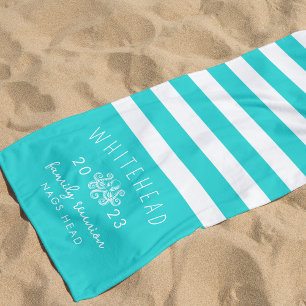 Nautische Octopus Streep Aqua Blue Monogram Strandlaken