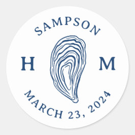 Nautische Oester Schelp Monogram met Naam Datum Ronde Sticker