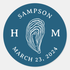 Nautische Oester Schelp Monogram met Naam Datum Ronde Sticker