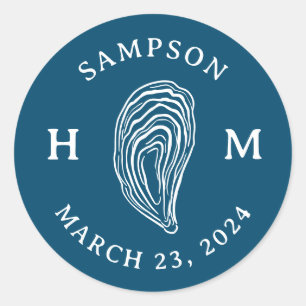 Nautische Oester Schelp Monogram met Naam Datum Ronde Sticker