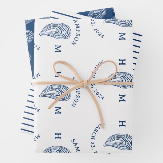 Nautische Oester Shell Monogram met Naam Datum Inpakpapier Vel (In situ)