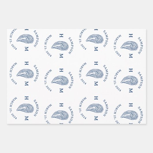 Nautische Oester Shell Monogram met Naam Datum Inpakpapier Vel (Voorkant)