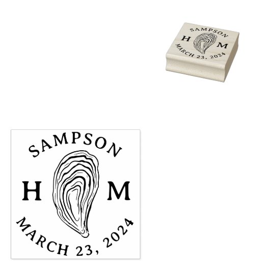 Nautische Oester Shell Monogram met Naam Datum Rubberstempel (Gestempeld)