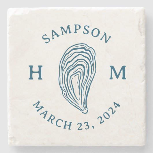 Nautische Oester Shell Monogram met Naam Datum Stenen Onderzetter (Voorkant)