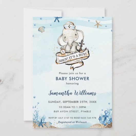 Nautische olifant Ahoy Het is een Boy Baby shower Kaart (Voorkant)