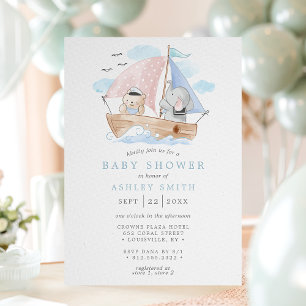 Nautische Olifant Beer Waterverf Boot Baby Shower Kaart