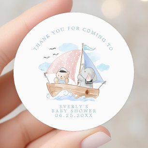 Nautische Olifant Beer Waterverf Boot Baby Shower Ronde Sticker