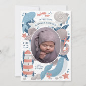 Nautische onderwater dier & vuurtoren. Jongensgebo Aankondiging (Voorkant)