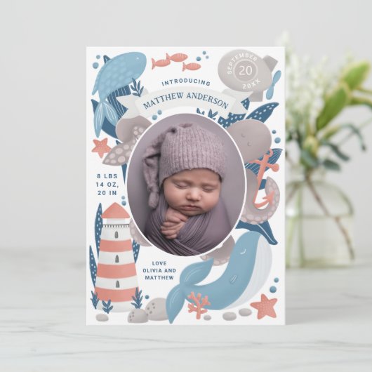 Nautische onderwater dier & vuurtoren. Jongensgebo Aankondiging (Staand voorkant)