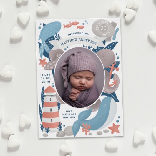 Nautische onderwater dier & vuurtoren. Jongensgebo Aankondiging