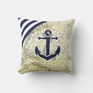 Nautische oude kaart/anker/scheepswielsilhouet kussen