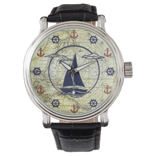 Nautische oude kaart/zeilboot/anker/wielsilhouet horloge