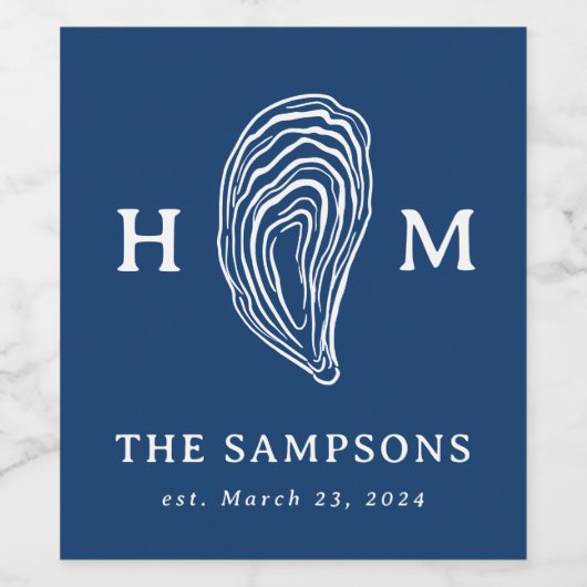 Nautische Oyster Shell Monogram met bruiloft datum Wijn Etiket (Enkel label)