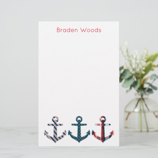 Nautische Patroon Ankers Gepersonaliseerde briefpa Briefpapier (Staand voorkant)