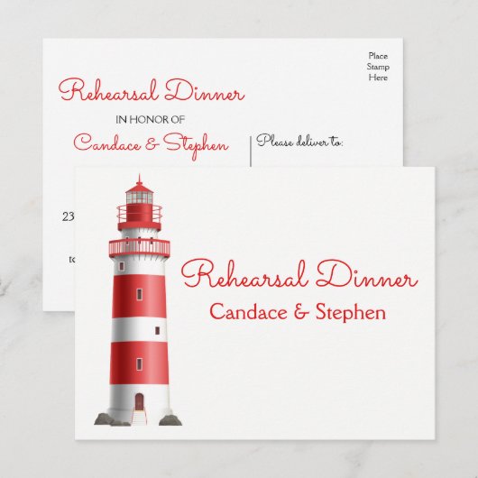 Nautische repetitie diner Lighthouse Beach bruilof Uitnodiging Briefkaart (Voorkant / Achterkant)