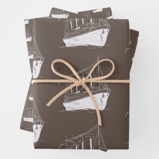 Nautische Retro Bruin en wit Schip Zeilboot Inpakpapier Vel (In situ)