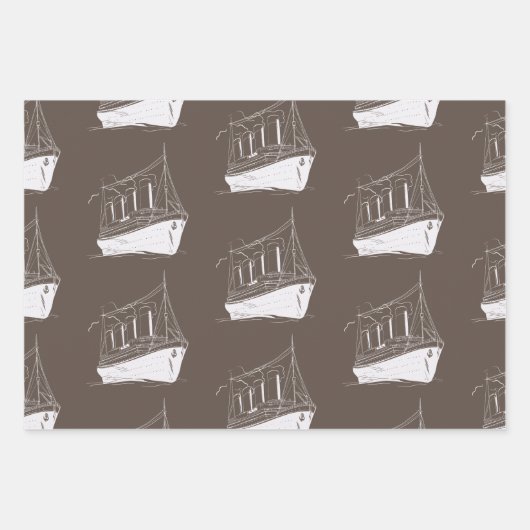 Nautische Retro Bruin en wit Schip Zeilboot Inpakpapier Vel (Voorkant)