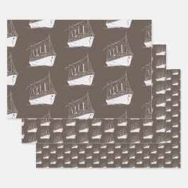Nautische Retro Bruin en wit Schip Zeilboot Inpakpapier Vel