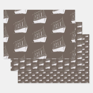 Nautische Retro Bruin en wit Schip Zeilboot Inpakpapier Vel